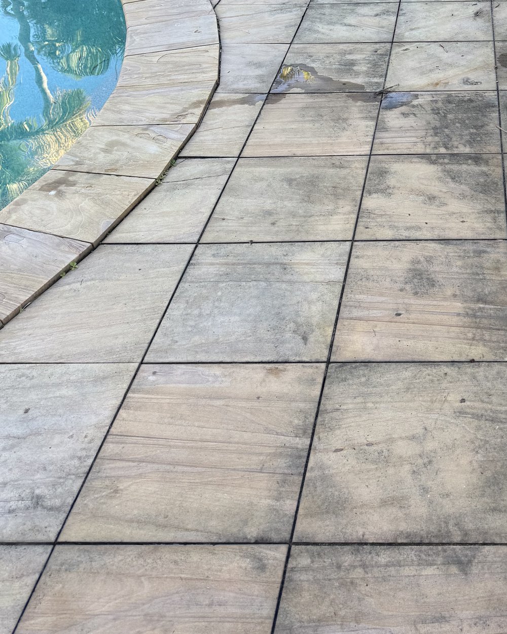 Sandstone pool surround before cleaning — black mould and staining across the pavers